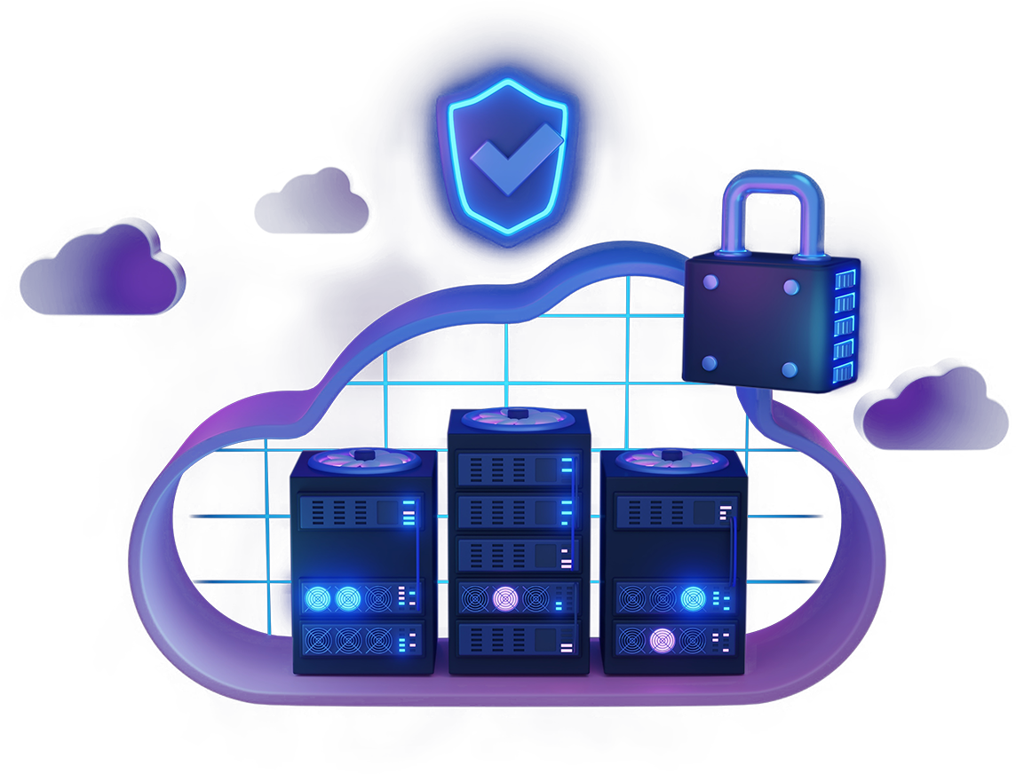 A 3D illustration of a hollow cloud with servers inside. A glowing blue shield and padlock float above it.