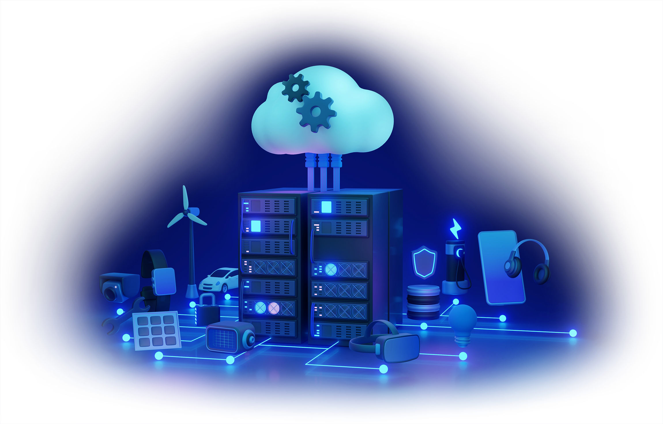 A 3D illustration showing a collection of digital and industrial objects above a glowing blue network connected to central servers that in turn are wired directly to the cloud above them.