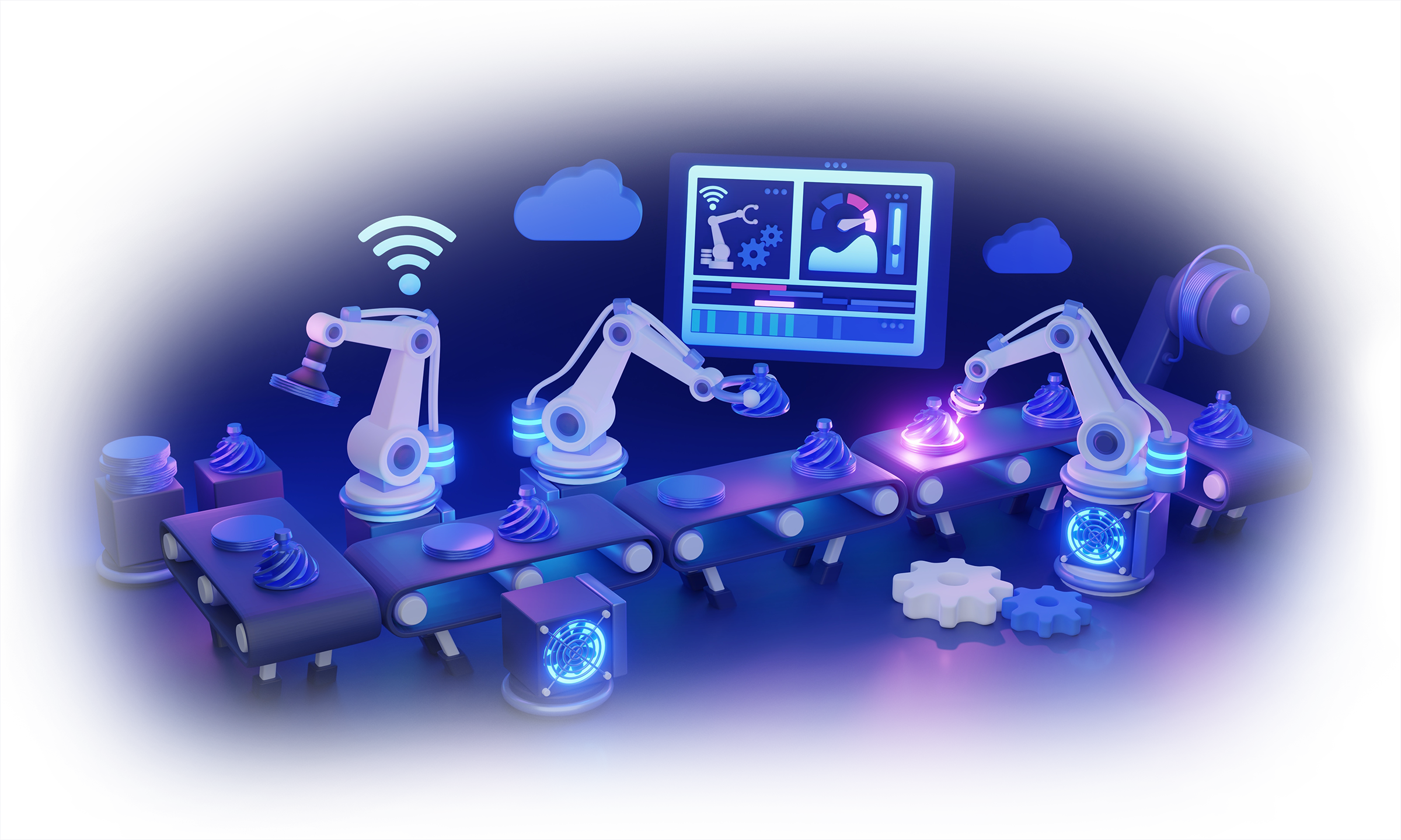 A 3D illustration showing a conveyor belt of items being assembled by robotic arms.