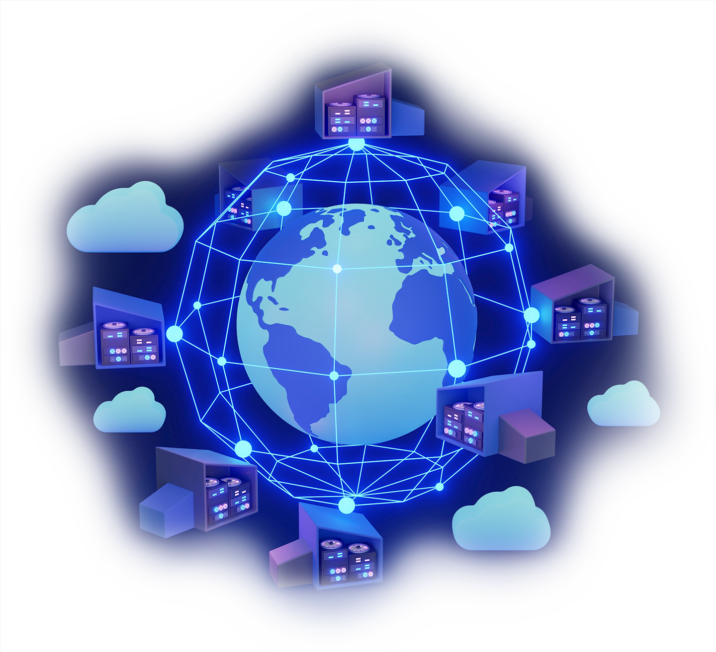 A 3D illustration of a globe surrounded by a network of glowing nodes, server farms, and clouds.